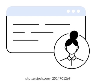Image depicts a web page with text lines and a profile picture of a woman. Themes include user interface, profile, web design, online identity, and website layout.