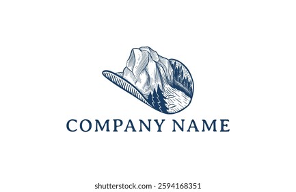 The image depicts a western themed logo with mountain views and pine trees inside a cowboy hat.