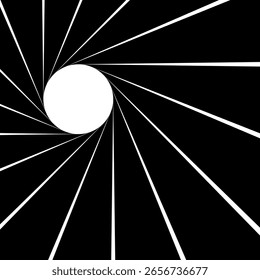 
La Imagen representa una circunferencia blanca en el centro de un fondo negro, de la cual numerosas líneas blancas irradian hacia afuera, creando un efecto dinámico y agudo de espiral o apertura