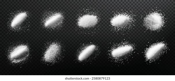 The image depicts white sugar on a black background. The sugar is presented in loose, granular forms, emphasizing its texture and detail. The minimalistic composition highlights the contrast between