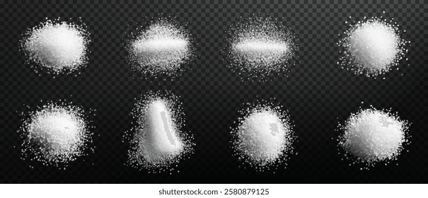 The image depicts white sugar on a black background. The sugar is presented in loose, granular forms, emphasizing its texture and detail. The minimalistic composition highlights the contrast between