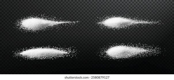 The image depicts white sugar on a black background. The sugar is presented in loose, granular forms, emphasizing its texture and detail. The minimalistic composition highlights the contrast between