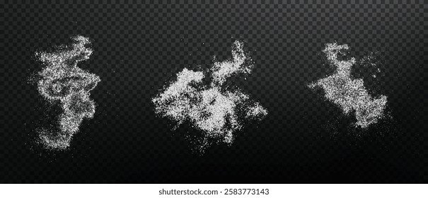 The image depicts white sugar on a black background. The sugar is presented in loose, granular forms, emphasizing its texture and detail. The minimalistic composition highlights the contrast between