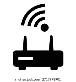 La Imagen representa un router inalámbrico con dos antenas que emiten señales inalámbricas. Las señales están representadas por líneas onduladas, lo que indica la capacidad del enrutador para conectarse a una red. Un Pequeño punto negro se muestra sobre el router, simbolizando un dispositivo conectado o la propia red.