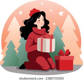 The image depicts a woman in a red sweater and hat sitting on the floor with two Christmas gifts in front of her