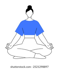 The image depicts a woman sitting cross-legged in a yoga pose, meditating with eyes closed. She has a top bun, wears a blue top and white pants. Ideal for yoga, meditation, mindfulness, relaxation