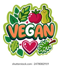 The image depicts the word vegan enclosed by various vegetables and leaves