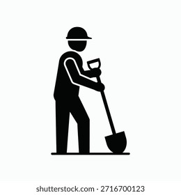 The image depicts a worker wearing a hard hat and safety gear, actively using a shovel. The worker appears to be engaged in some form of construction or digging activity. The silhouette is simple and outlined in white against a black background.