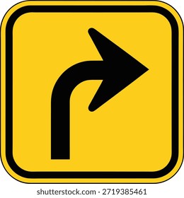 La Imagen muestra una señal de advertencia de tráfico amarilla con una flecha negra que indica un giro a la derecha hacia adelante. El letrero tiene forma cuadrada con un borde negro y presenta una flecha negra que apunta a la derecha, curvándose bruscamente hacia la derecha. Esta señal se utiliza para alertar a los conductores de un próximo giro a la derecha en la carretera.
