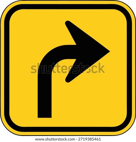 The image depicts a yellow traffic warning sign with a black arrow indicating a sharp right turn ahead. The sign is square-shaped with a black border and features a black arrow pointing to the right, curving sharply to the right. This sign is used to alert drivers to an upcoming sharp right turn on the road.