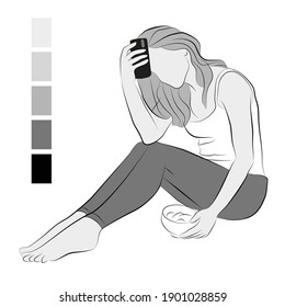 Image of a depressed girl. Vector illustration of a seated woman. A girl with a phone and food sits on the floor.