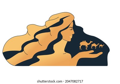 The image of the desert. Girl with camels. A caravan of camels going into the distance. Vector illustration