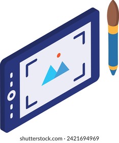 image designing using Pen Tablet isometric concept, Digitizing Device vector flat design, Web design and Development symbol, user interface or graphic sign, website engineering illustration