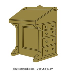 Image of a desk with drawers and a slanted lid. Davenport, bureau, office desk, teacher lectern