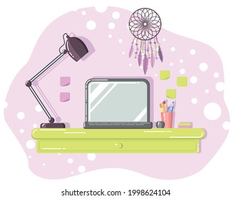 
Image of a desktop girl in flat style, on a pink background. 
