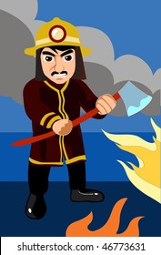 An image of a determined firefighter wielding an axe in a room filled with smoke and flames