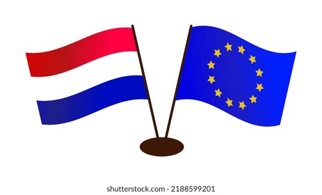 The image of the developing flags of the European Union and Holland standing on the same stand.