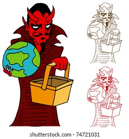 Una imagen del diablo sosteniendo la tierra y una canasta.
