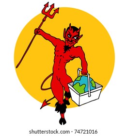 Una imagen de un diablo sosteniendo el mundo en una canasta.