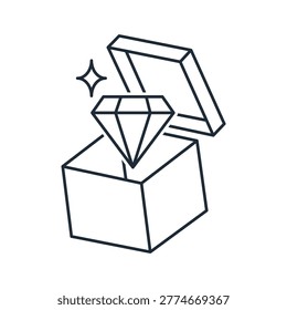An image of a diamond in an open box. A marketing ploy to demonstrate the uniqueness and high value of a product or service.Vector linear icon illustration isolated on white background.