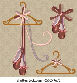 Image with different ballet shoes on hangers. Is suitable illustratio for presentation of a dance classes, studios, schools. Also is suitable for banners of shops with women clothes.