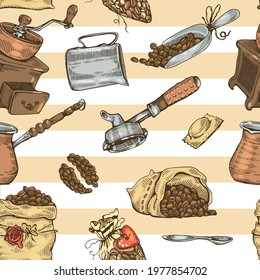 Image of different coffee tools and equipment. Coffee seeds. Vector illustration.