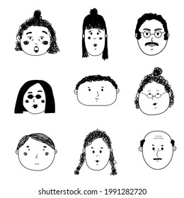 The image of different faces of people on a white background, with different emotions, hairstyles and ages