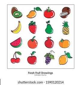 Image of different fruits. Kiwi, mango, tomato, coconut, banana, strawberry, pear, pineapple, watermelon, orange, pomegranate, peach, cherry, apple, grape, lemon. Loose stroke. Editable vector.