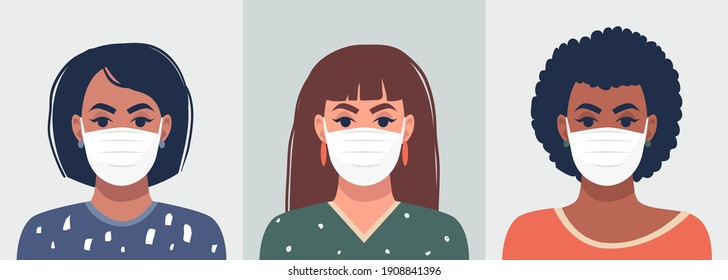 The image of different women in masks on a light background. Set. Vector illustration. Cartoon style.