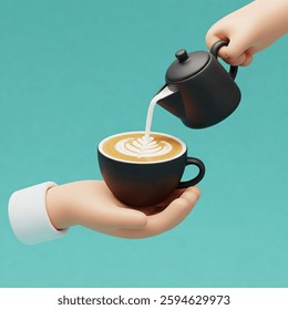 Image is a digital 3D illustration featuring a stylized hand holding a black coffee cup