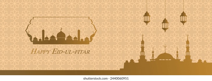 The image is a digital Eid Mubarak greeting card. It features a mosque silhouette and hanging lanterns. The text "Happy Eid-ul-Fitar" is written at the top. Eid Mubarak is a Muslim holiday celebrating