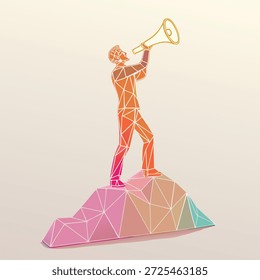 A imagem é uma ilustração digital com uma pessoa de pé sobre uma formação geométrica rochosa, falando em um megafone.