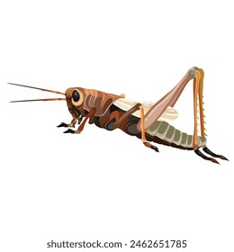 La Imagen es una ilustración digital de un saltamontes. El saltamontes se muestra de perfil, con sus característicos patas traseras largas rizadas y listas para saltar, antenas cortas, 