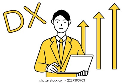 Image of digital transformation,simple line drawing illustration of a businessman in a suit who has successfully improved his business