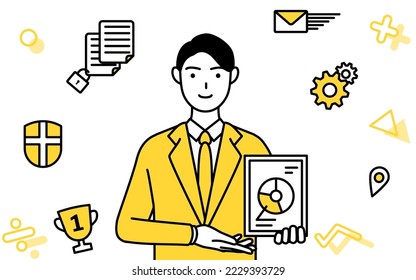 Image of digital transformation,simple line drawing illustration of a businessman in a suit using digital technology to improve his business
