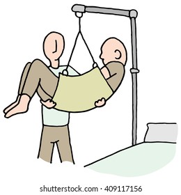 An image of a disabled man lifted by hydraulic lift machine.