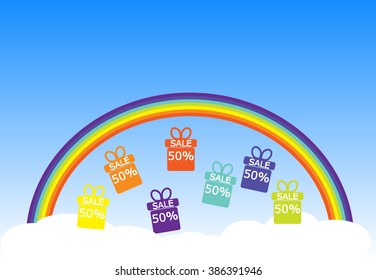 Image of discounts on the background of rainbow, clouds and blue sky vector image