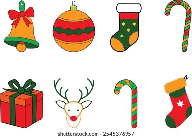 An image displaying eight Christmas decorations including a bell, an ornament, a stocking, a candy cane, a gift, a reindeer head, and two more candy canes.