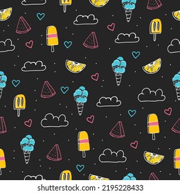 image displaying a seamless summer-themed pattern featuring various summer icons like clouds and ice cream against a black background, perfect for summertime designs.