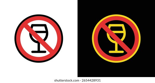 Una Imagen que muestra dos íconos sin alcohol o de prohibición. La izquierda es sobre blanco, y la derecha sobre negro. Cuenta con un círculo rojo con una barra diagonal sobre un vidrio.