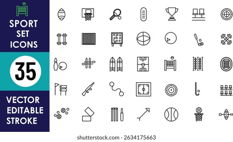 The image displays 35 minimalist sport icons including basketball, football, tennis, swimming, archery, gymnastics, trophies, cricket, golf, volleyball, skiing, and table tennis.