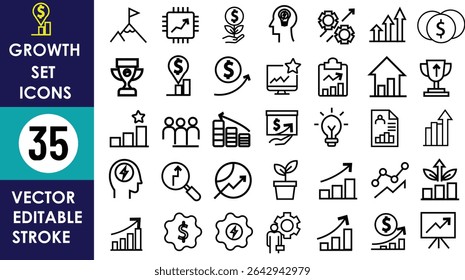 A imagem exibe 35 ícones vetoriais que representam crescimento dos negócios, sucesso, análise, lucro, finanças, liderança, inovação, trabalho em equipe, estratégia e realização usando linhas de traçado limpo