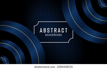 The image displays an abstract background featuring overlapping dark blue circles accented with gold lines set against a dark hexagon pattern.