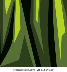 The image displays an abstract design with varying shades of green, resembling stylized tree trunks or bamboo stalks. The geometric shapes create a sense of depth and movement, all set against a black