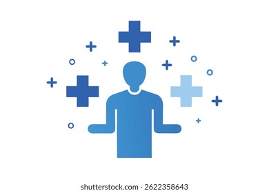 Image displays an abstract representation of an individual surrounded by medical crosses, signifying healthcare or positive health support with the design having a transparent background.
