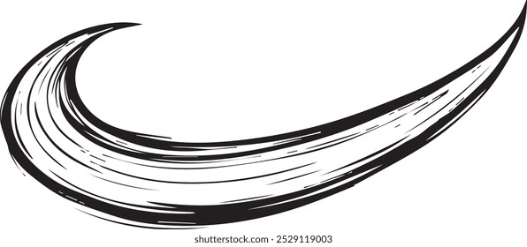 Das Bild zeigt eine schwarze, gekrümmte Form, die einem dicken Pinselstrich auf weißem Hintergrund ähnelt. Die Form besteht aus mehrschichtigen Linien, die einen strukturierten und dynamischen Effekt erzeugen.
