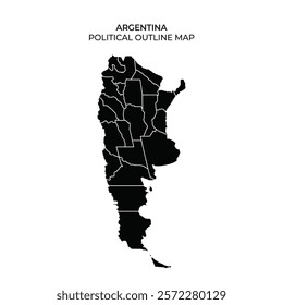 The image displays a black silhouette of Argentina, highlighting the provincial boundaries without any additional details. It serves as a simplified reference for geographical study.