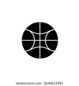 Image displays a black silhouette of a basketball, distinguished by its curved seams and standard vertical and horizontal white lines. This sports icon is set against a plain white background.