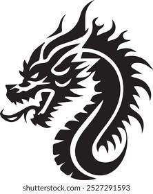 The image displays a black, stylized dragon in profile, with sharp, flame-like details forming its head and serpentine body, coiled into a dynamic shape against a white background.