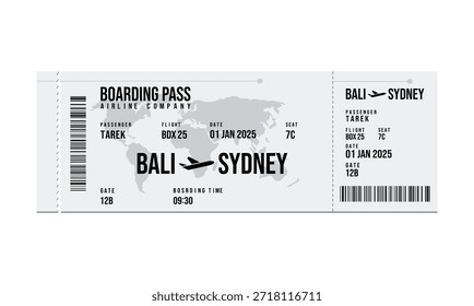 A imagem mostra um cartão de embarque com detalhes do voo de Bali a Sydney em 1º de janeiro de 2025.
